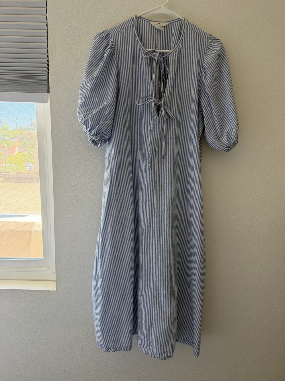 Linen Blue Stripe Puff-Sleeve Midi Dress with Tie Neck